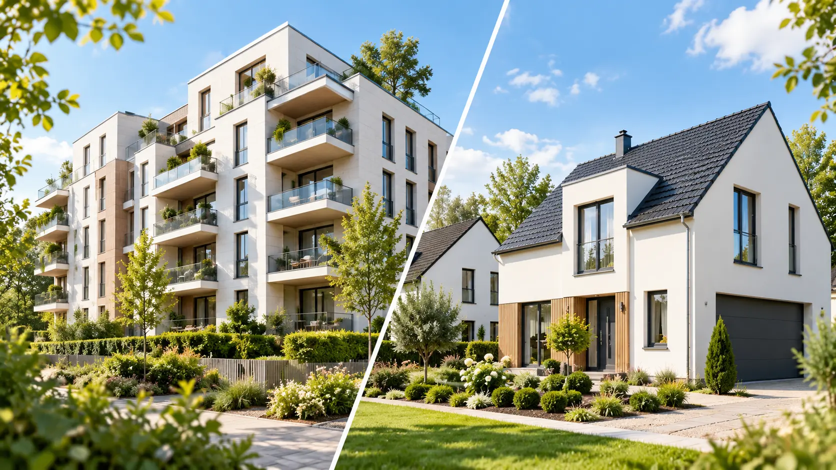 Illustrations architecturales d’un immeuble collectif et d’une maison individuelle