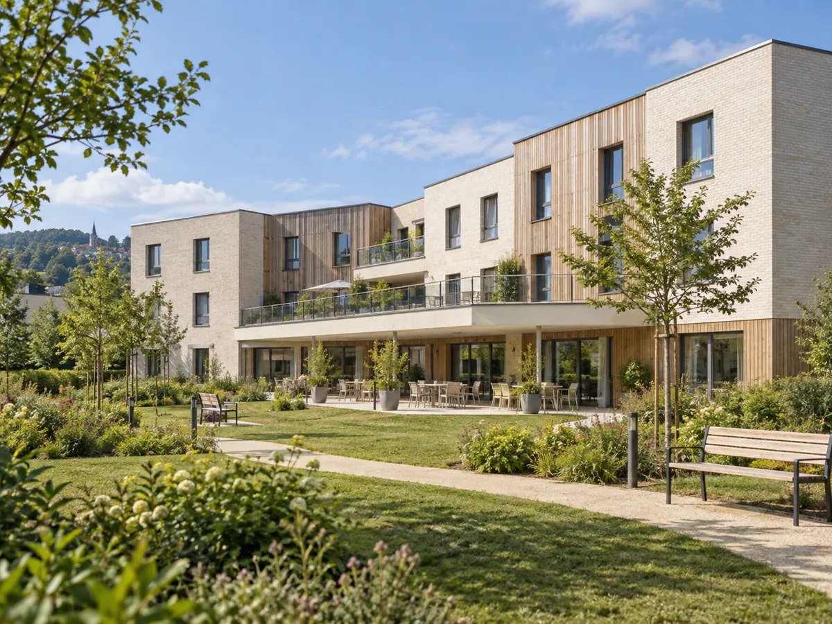 Illustration d’un EHPAD contemporain avec jardin et terrasse
